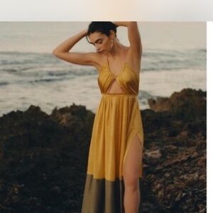 Anthropologie Mustard and Olive Maxi silk dress